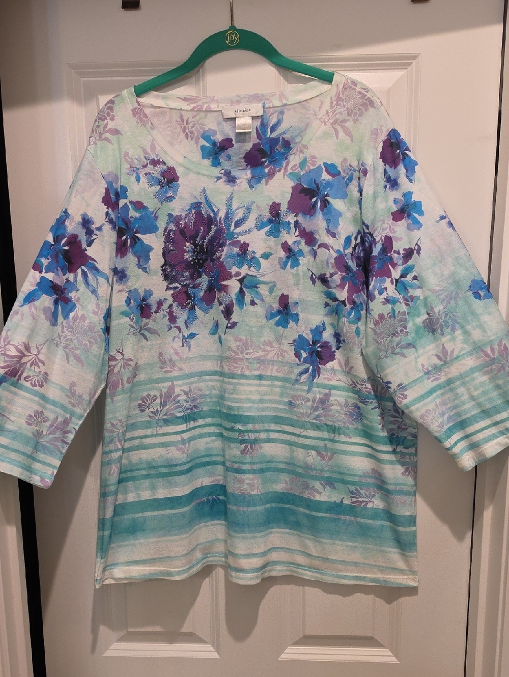 C.J. Banks Teal And Purple Floral And Striped Soft Tee With Front Sparkles 2x